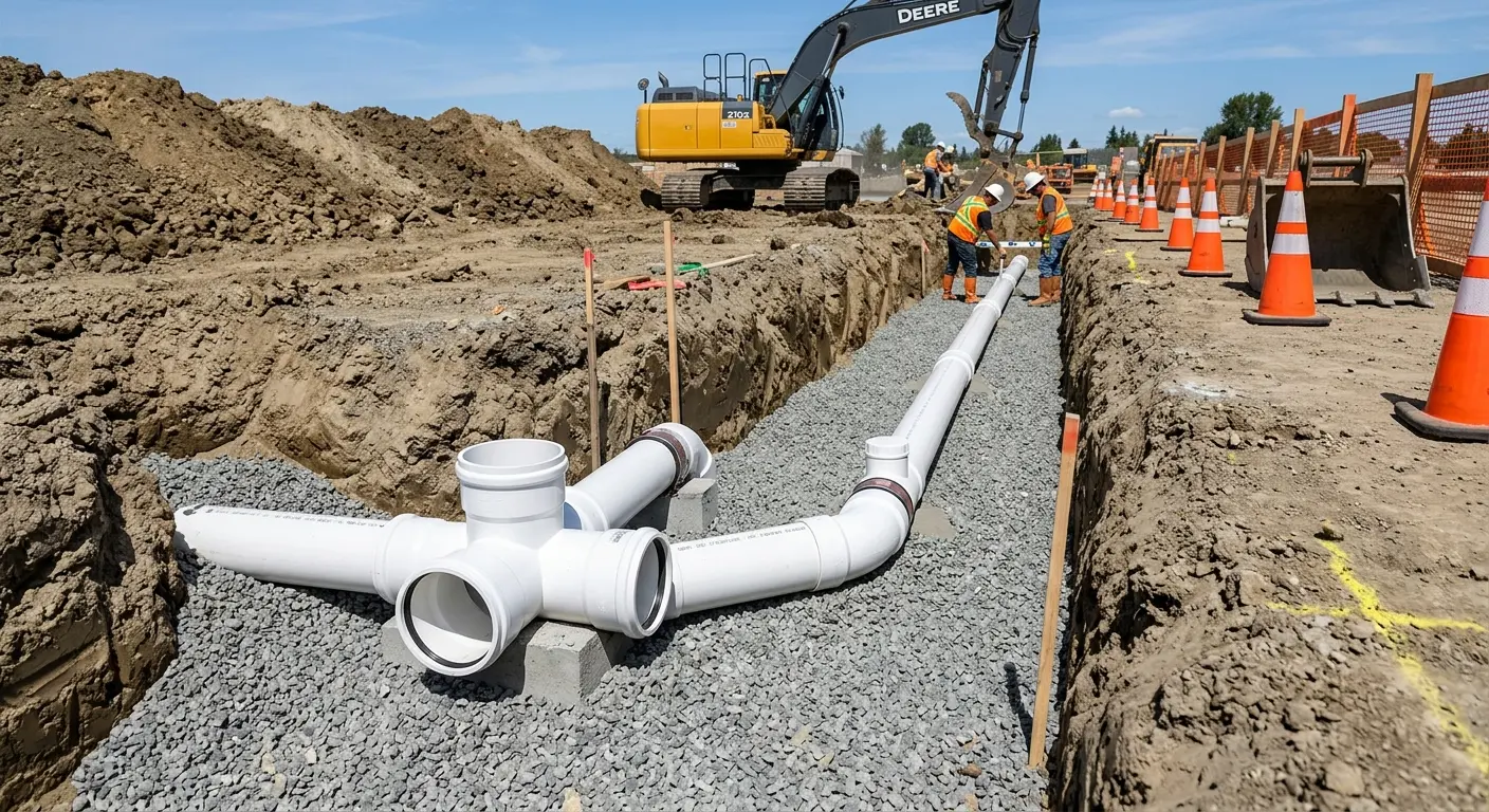 New PVC sewer pipe installation in open trench for Sewer Backup in Whitehouse