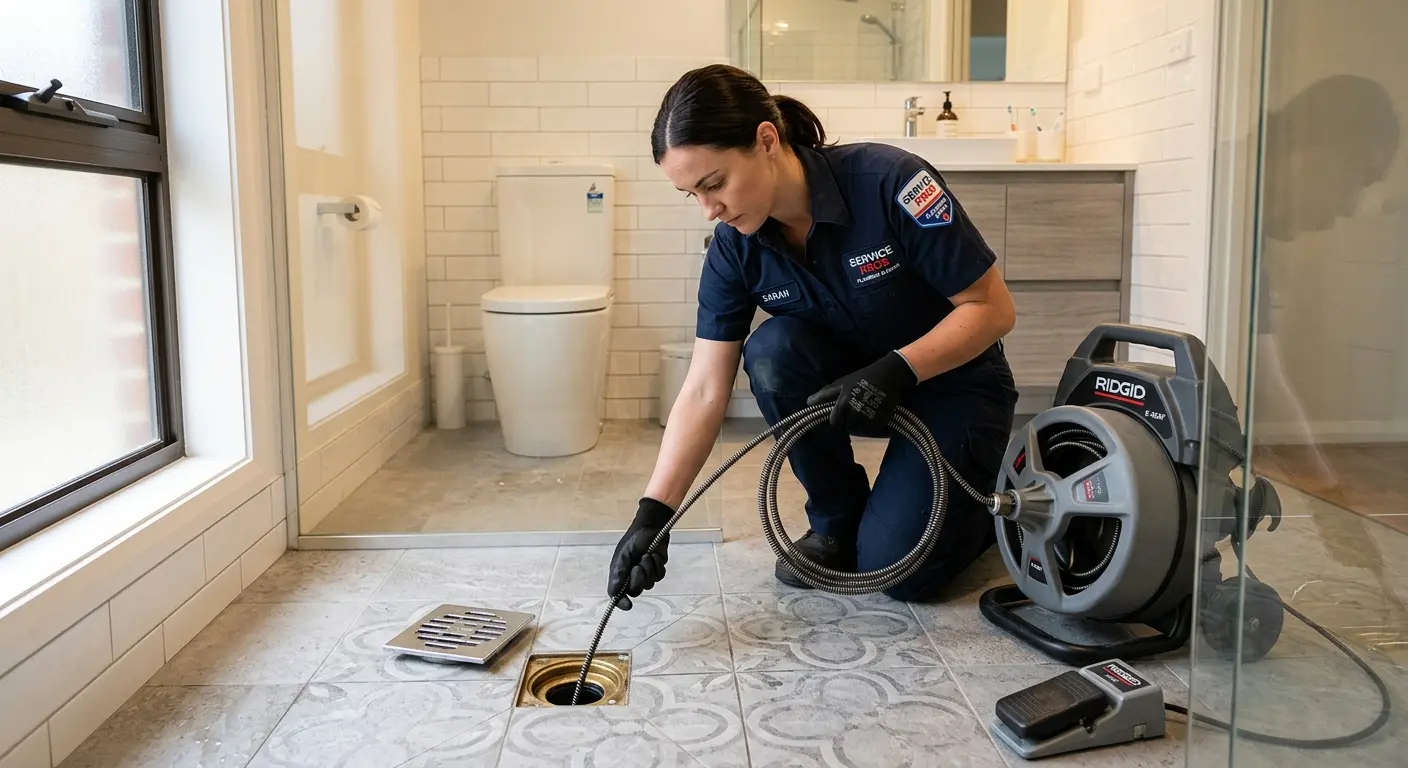 Technician clearing a bathroom floor drain for Sewer Line Replacement in Whitehouse